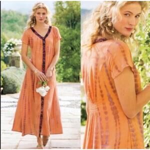 SOFT SURROUNDINGS Dress XS Maxi Sunset Bali Batik Button Front Tie Dye Bohemian